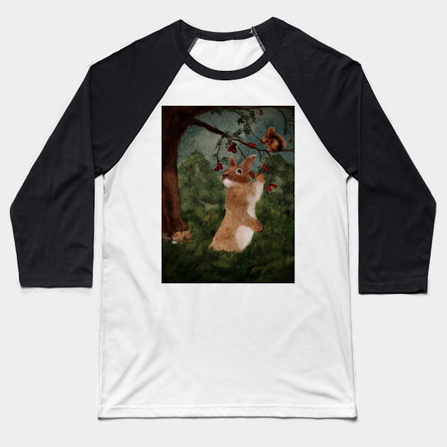 Forest Watercolor Baby Bunny, Red Squirrel and Sleeping Fox Baseball T-Shirt by penandbea